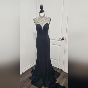 JVN by Jovani Black Maxi Dress with Silver Accents